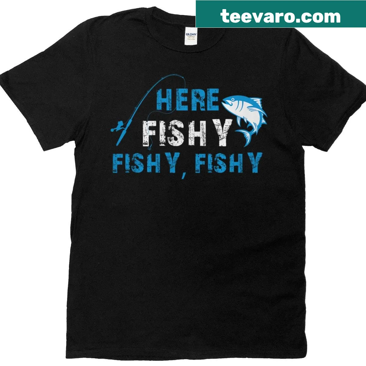 Funny fishing t-shirt featuring the phrase 'Herefishyfishyfishy' — on a men's t-shirt