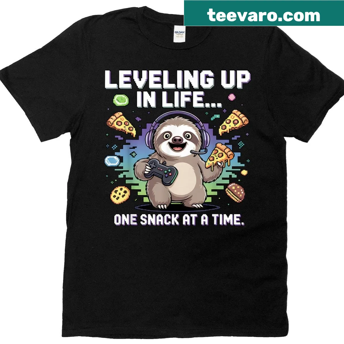 Funny gaming T-shirt featuring a sloth with snacks and a controller — on a men's t-shirt
