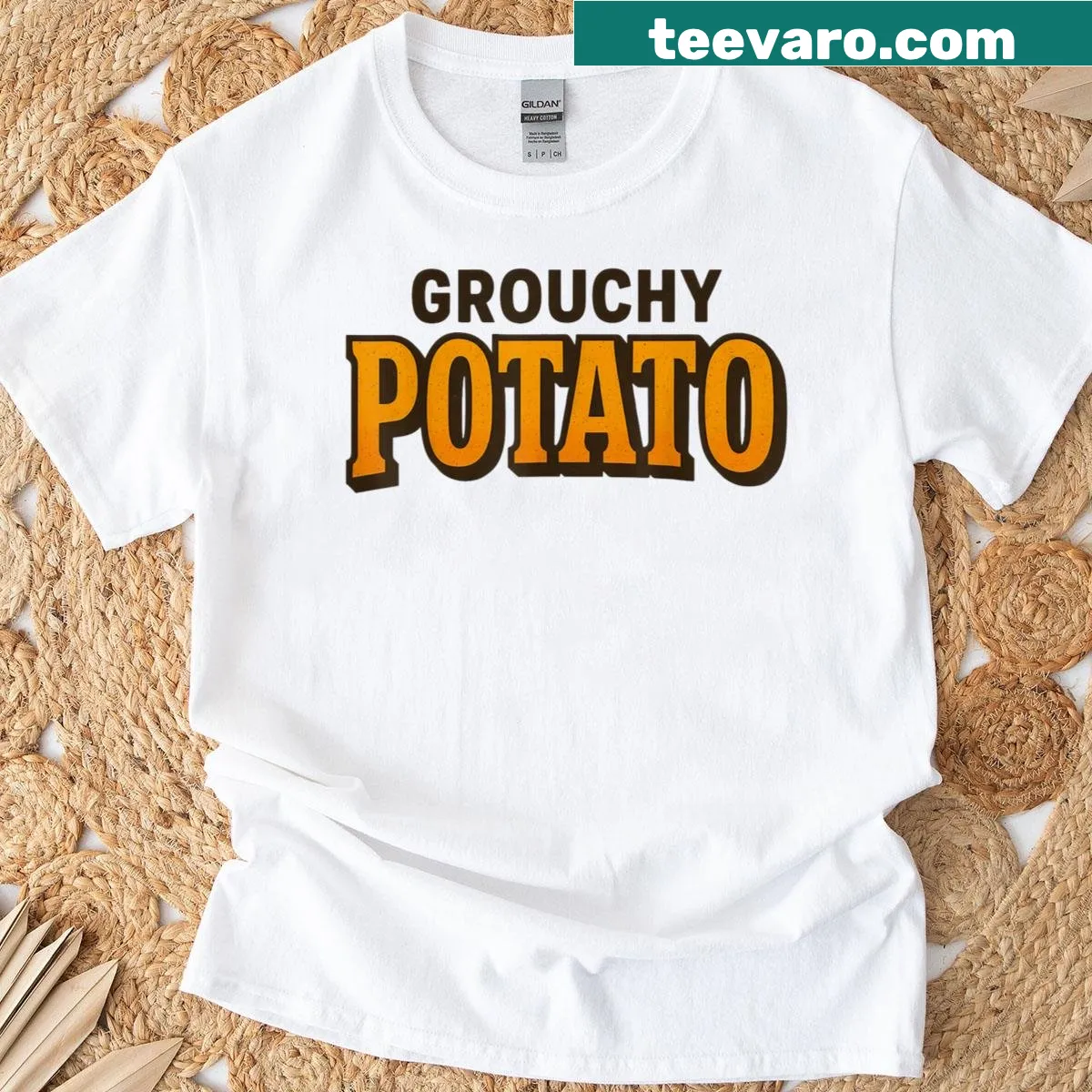T-shirt with a funny grouchy potato and sweet potato graphic — on a men's t-shirt