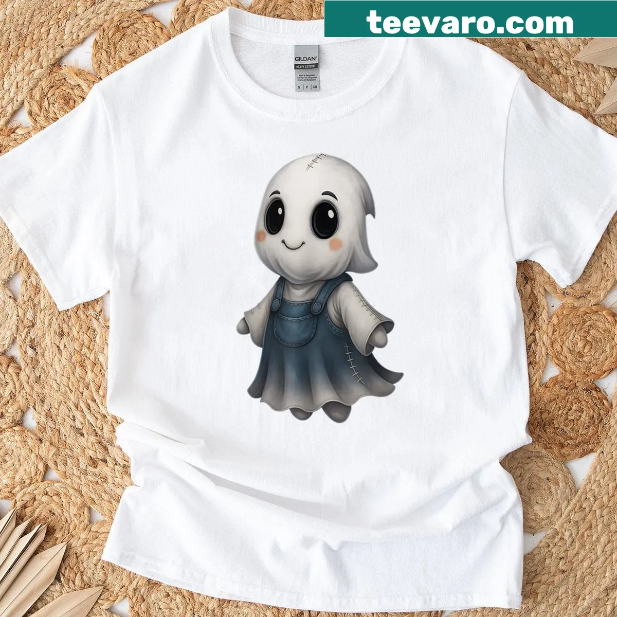 Cartoon ghost in jeans for Halloween T-shirt — on a men's t-shirt