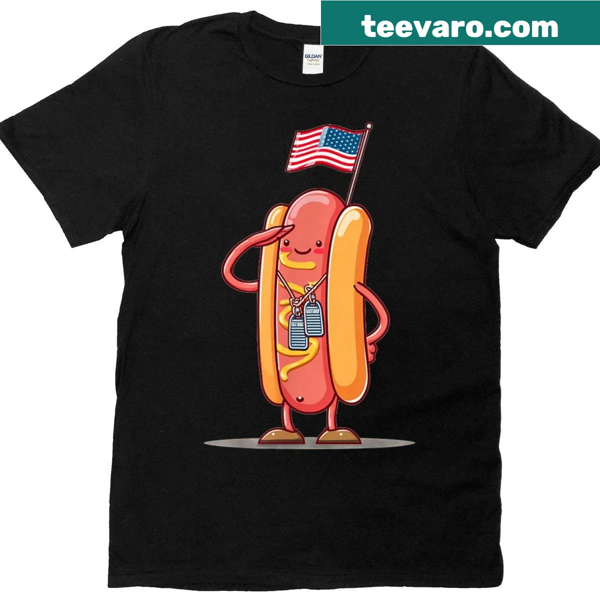 Humorous hotdog costume graphic T-shirt with military theme — on a men's t-shirt
