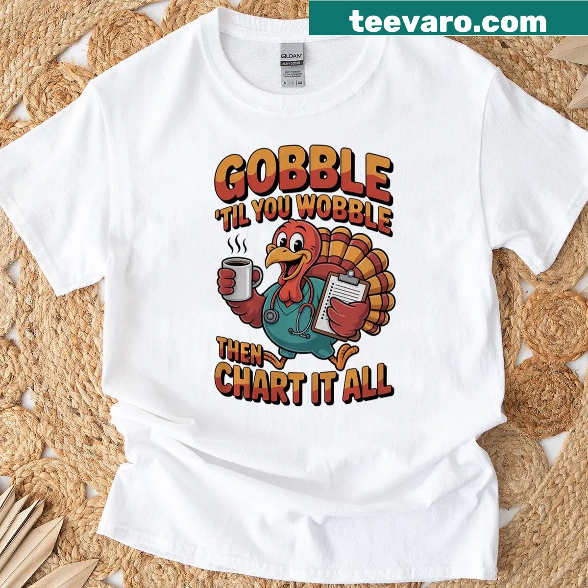 Thanksgiving-themed t-shirt for nurses with a Gobble Wobble Chart graphic — on a men's t-shirt