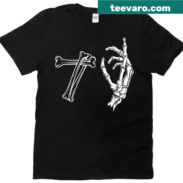 Skeleton hand graphic on a Halloween humor T-shirt