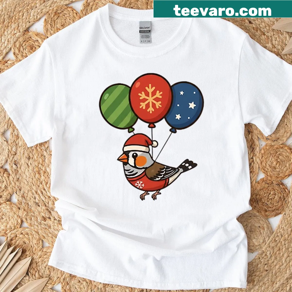 Cartoon Zebra Finch wishing Merry Christmas on a kids t-shirt — on a men's t-shirt