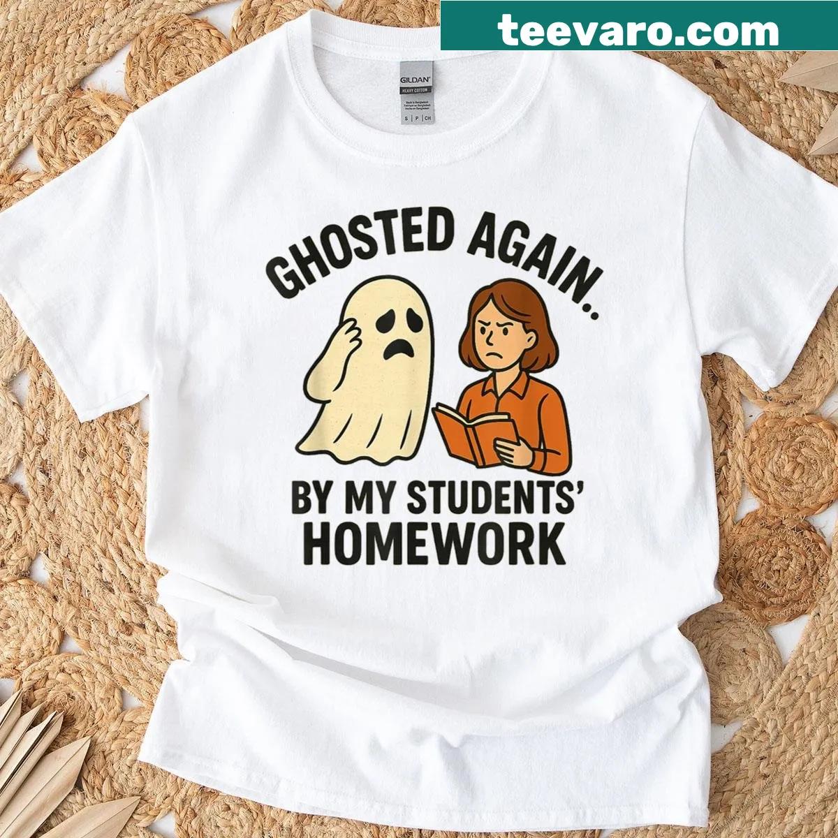 Funny Halloween T-shirt with ghost and homework humor — on a men's t-shirt