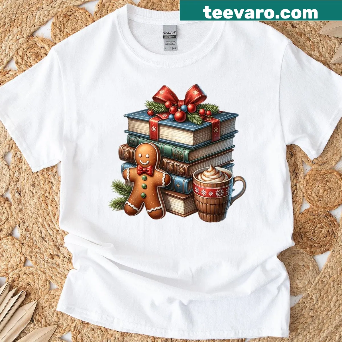 Christmas-themed t-shirt with a gingerbread reading a book design — on a men's t-shirt
