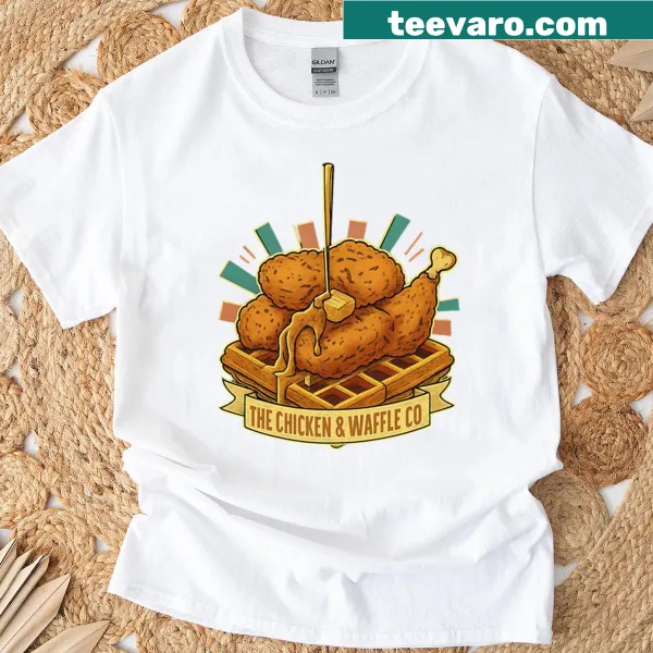 Oversized graphic tee featuring chicken and waffles design