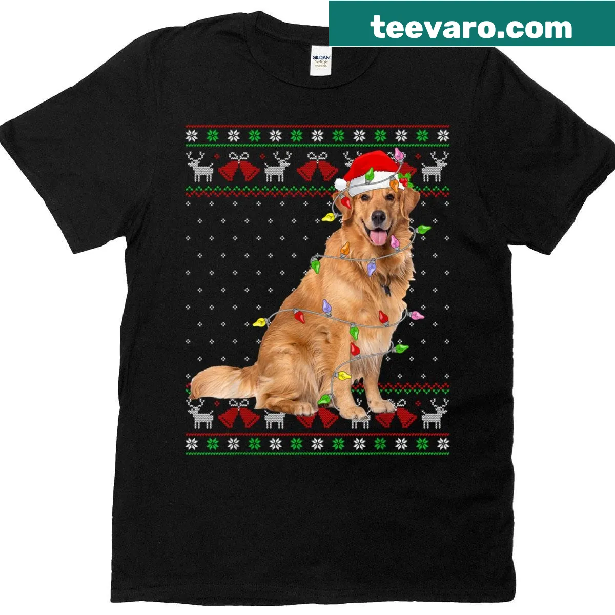 Golden Retriever wearing Santa hat graphic on Christmas T-shirt — on a men's t-shirt