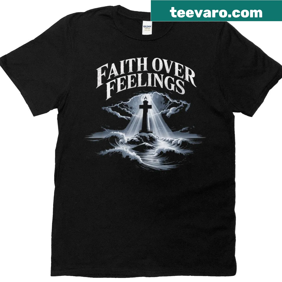Inspirational typography emphasizing faith over feelings — on a men's t-shirt