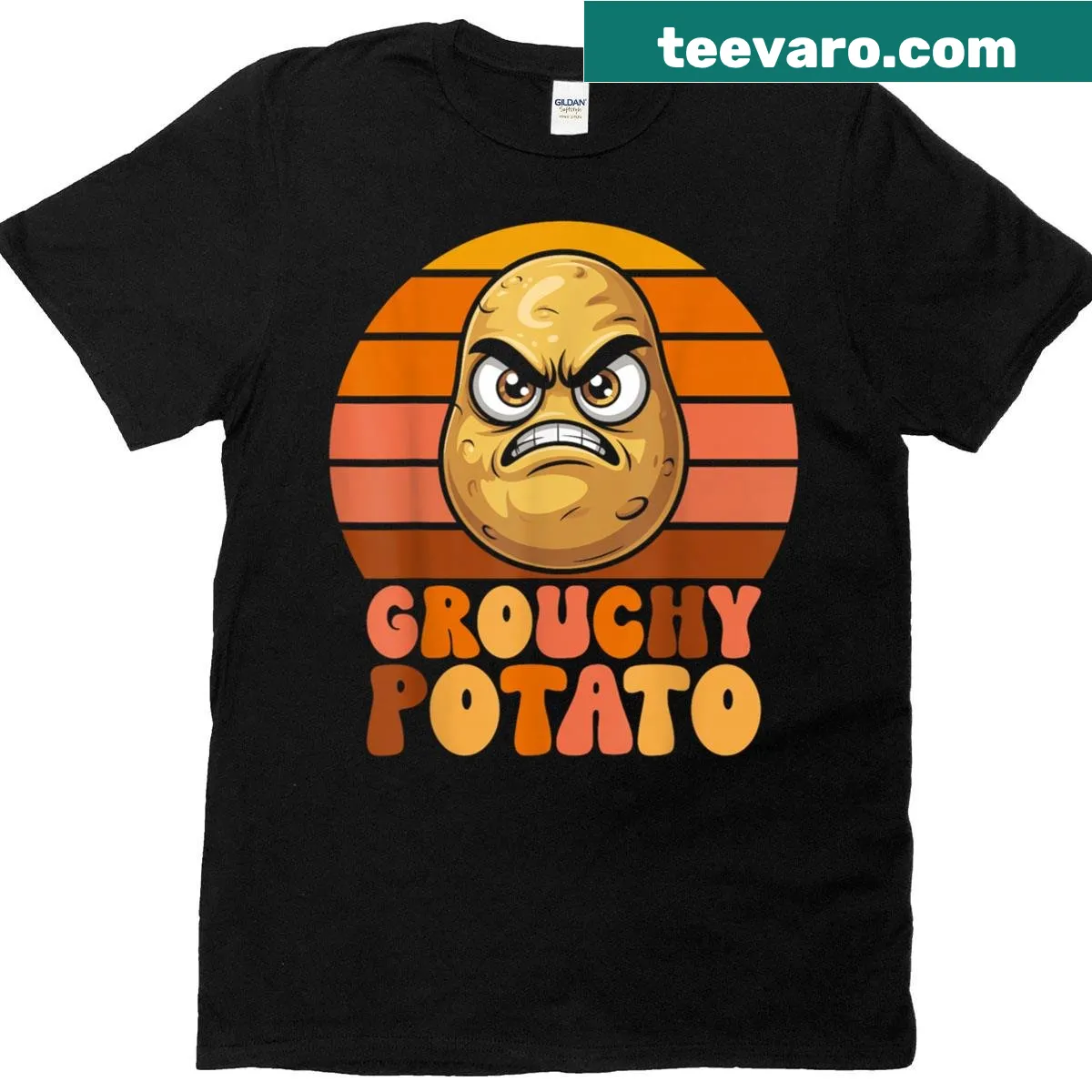 Funny cartoon of grouchy potato couple for Thanksgiving t-shirt — on a men's t-shirt