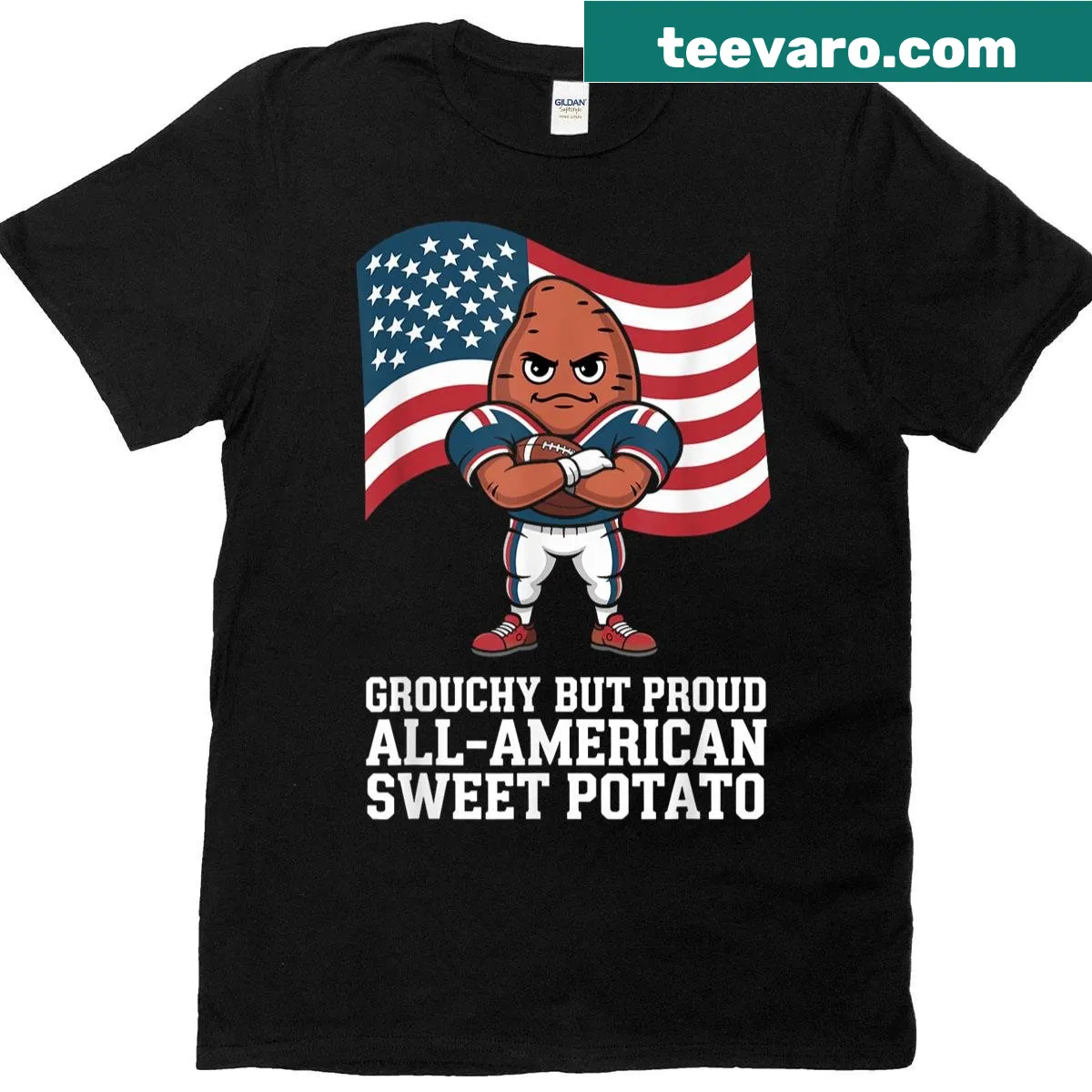 Patriotic t-shirt with grouchy and sweet potato graphics for USA — on a men's t-shirt