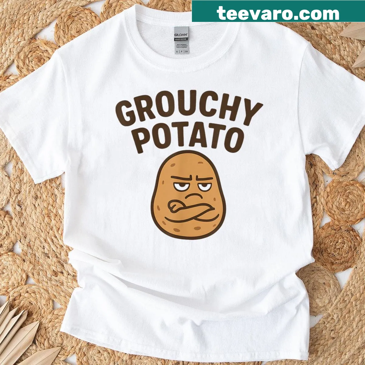 Funny Thanksgiving t-shirt with grouchy potato and sweet potato graphic — on a men's t-shirt