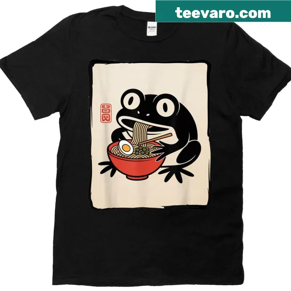 Kawaii-style t-shirt featuring a grumpy frog with ramen