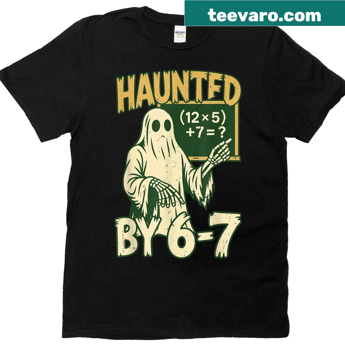 T-shirt with a haunted classroom and ghostly math teachers — on a men's t-shirt