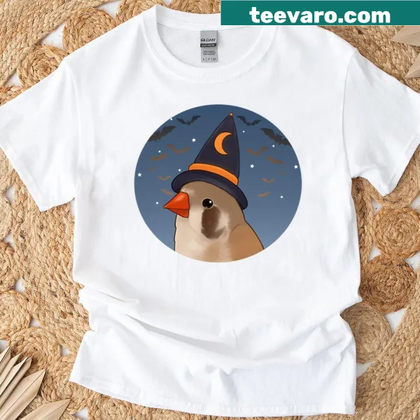 T-shirt featuring a whimsical Halloween zebra finch illustration