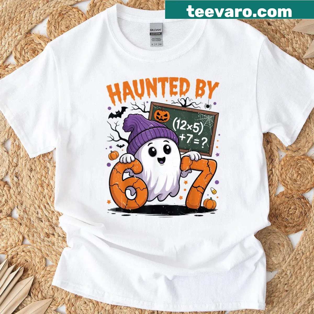 Funny Halloween T-shirt with ghost math teacher text — on a men's t-shirt