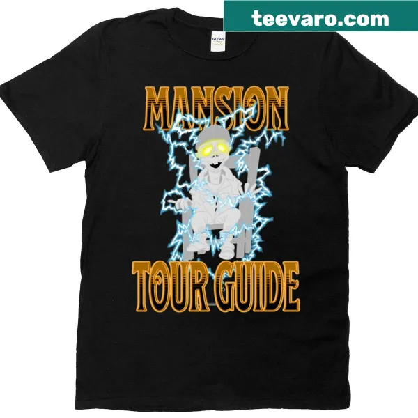 Emblem style haunted hotel tour guide graphic on a t-shirt
