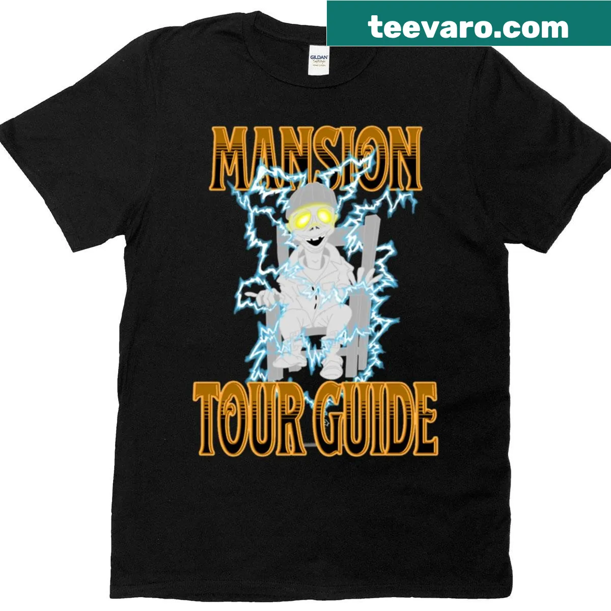Emblem style haunted hotel tour guide graphic on a t-shirt — on a men's t-shirt