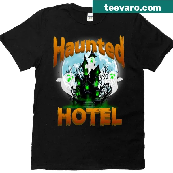 Illustrative Haunted Hotel graphic on a T-shirt featuring ghostly elements