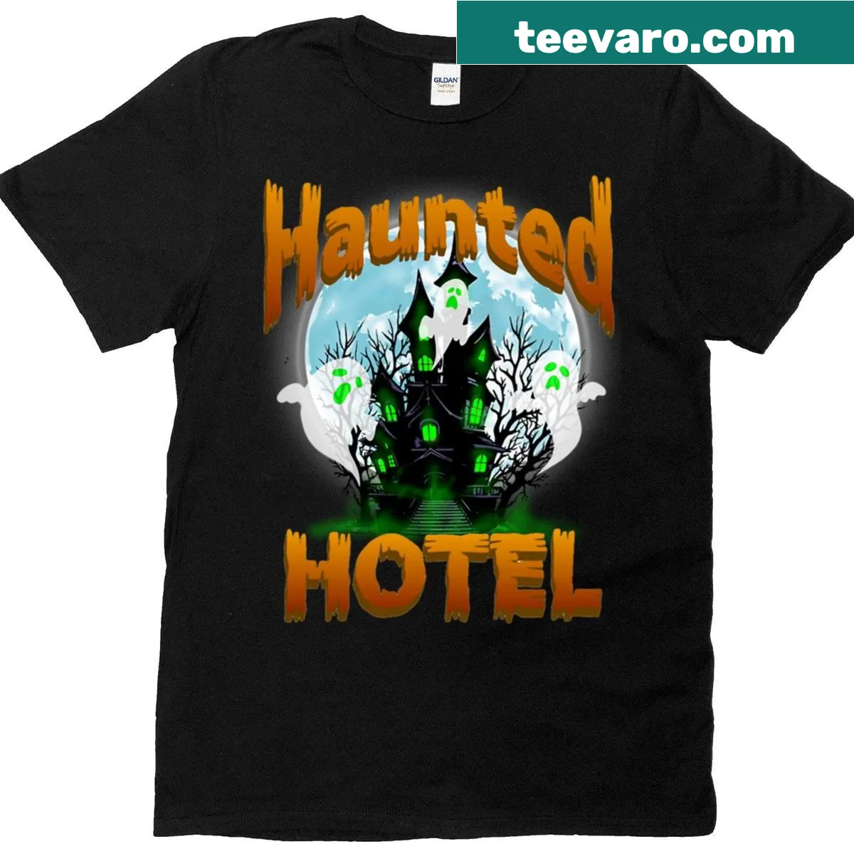 Illustrative Haunted Hotel graphic on a T-shirt featuring ghostly elements — on a men's t-shirt