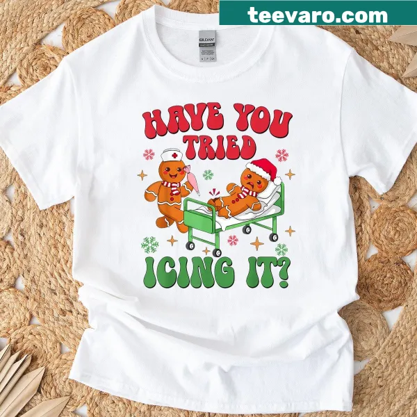 Funny Christmas t-shirt for nurses with gingerbread icing text