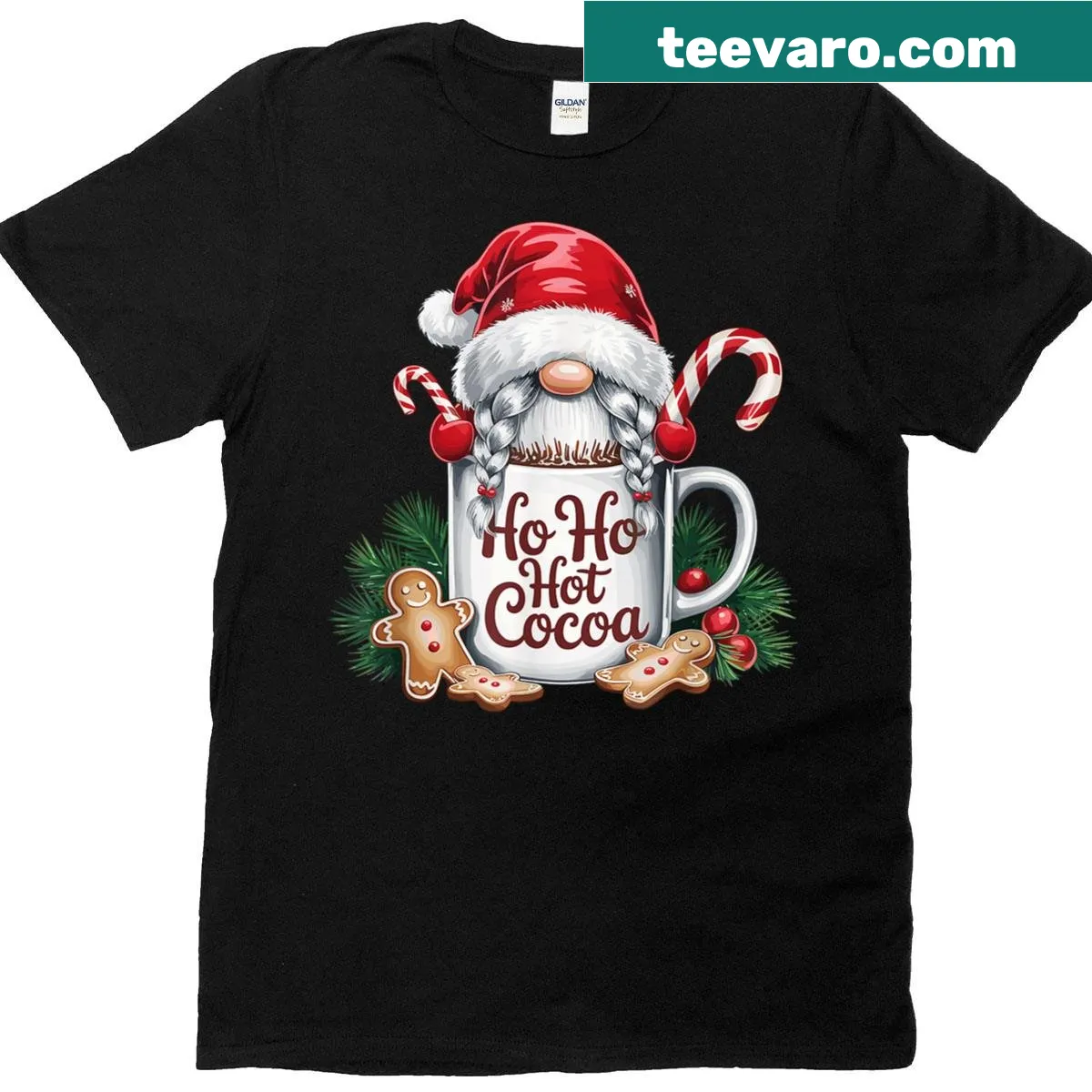 Cute gnome graphic with a hot cocoa mug on a t-shirt. — on a men's t-shirt