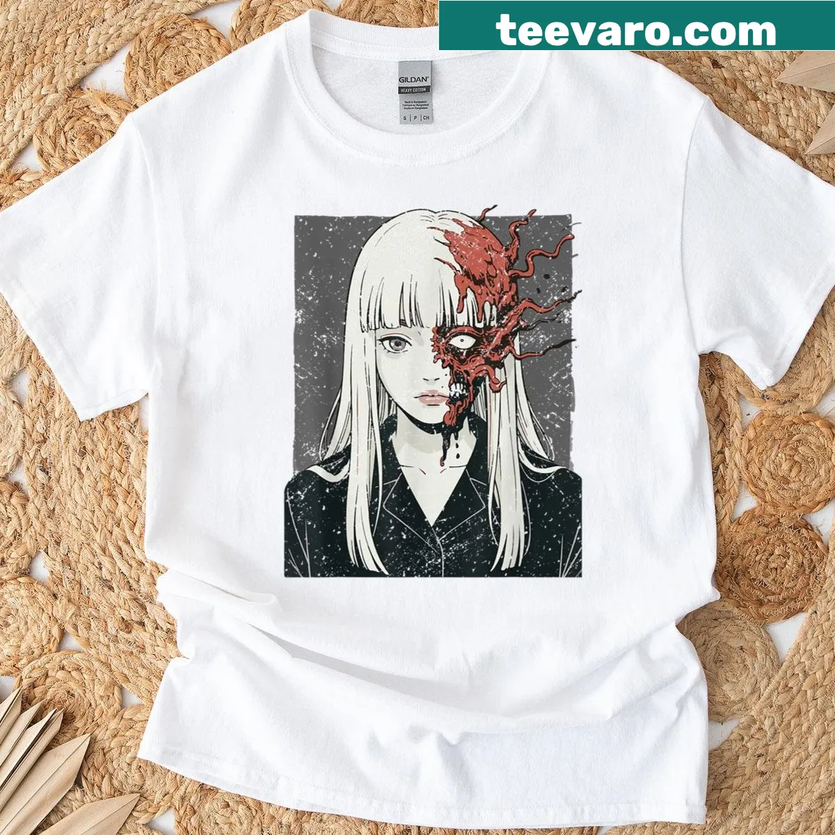 Creepy kawaii anime girl design on a horror-themed T-shirt — on a men's t-shirt