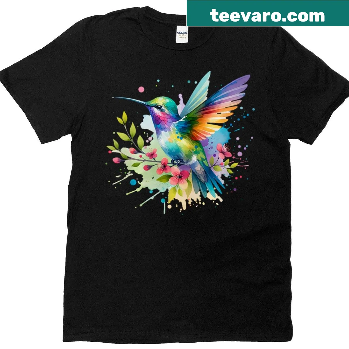 Watercolor design featuring hummingbirds and flowers on a t-shirt. — on a men's t-shirt