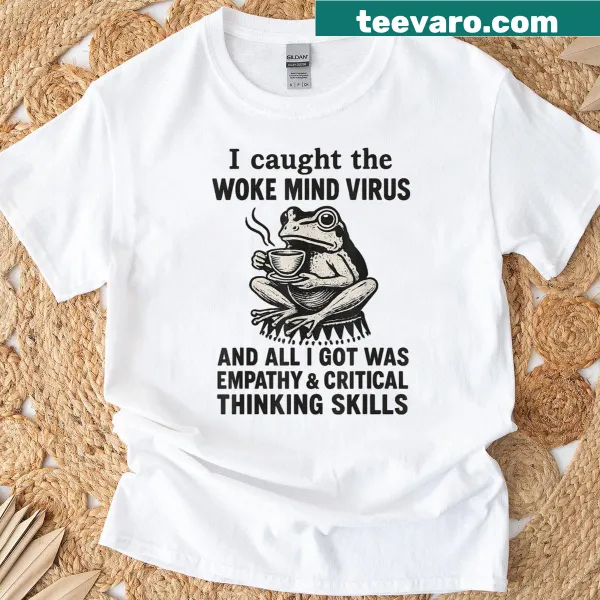 T-shirt with slogan 'I Caught The Woke Mind Virus' and a frog graphic.