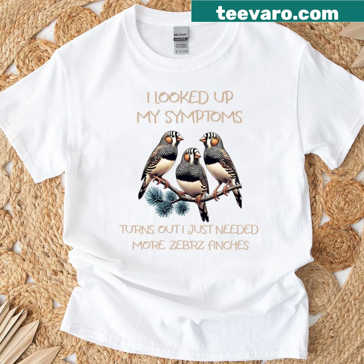 Humorous shirt with text about zebra finches and health symptoms — on a men's t-shirt