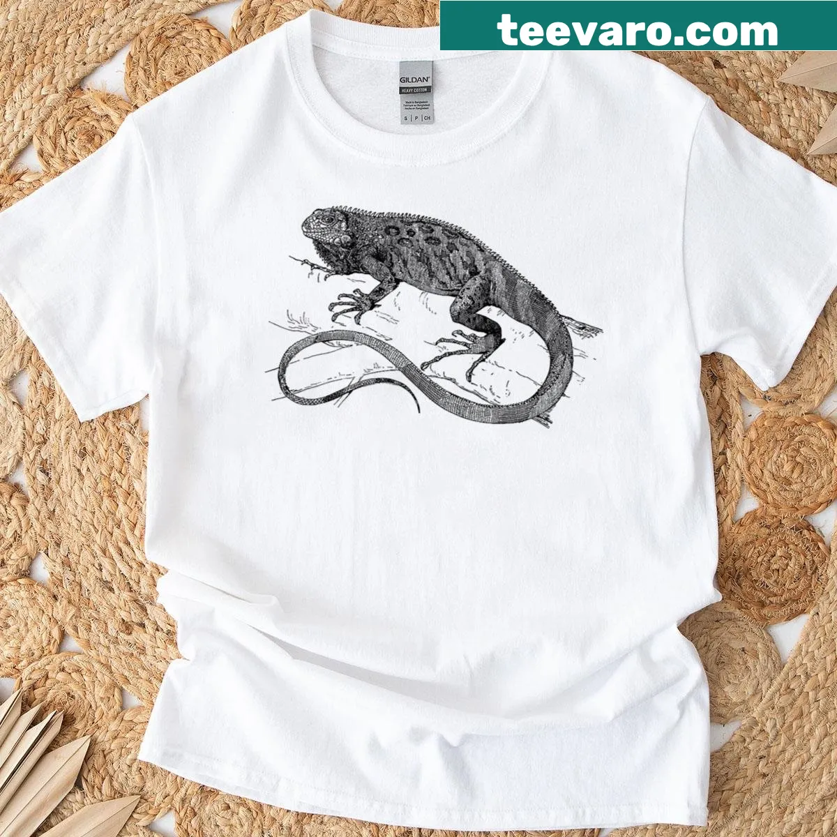 Vintage iguana illustration graphic on a funny reptile-themed t-shirt — on a men's t-shirt