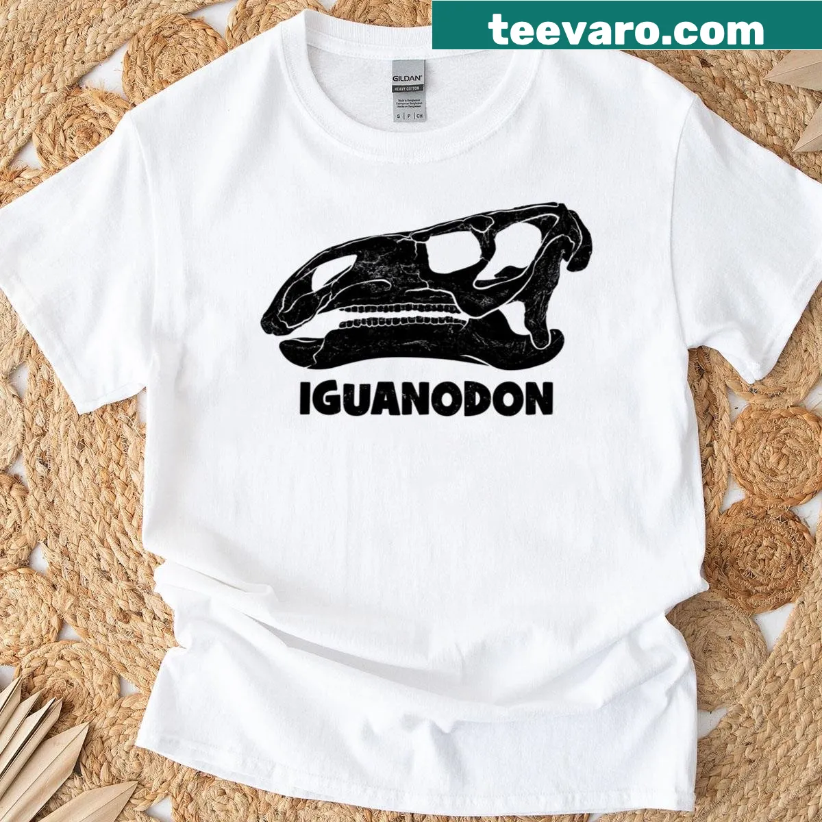 Illustrated Iguanodon skull fossil shirt — on a men's t-shirt
