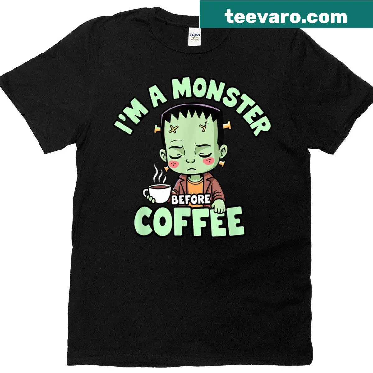 Cute Frankenstein t-shirt with 'I'm A Monster Before Coffee' text — on a men's t-shirt