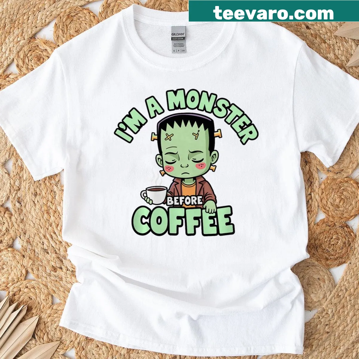 Whimsical Frankenstein design with coffee cup and lettering — on a men's t-shirt