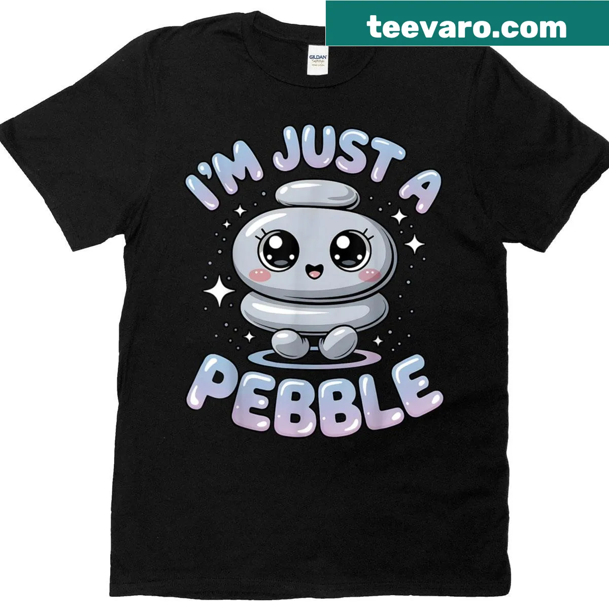 Funny minimalist t-shirt with pebble graphic and text — on a men's t-shirt