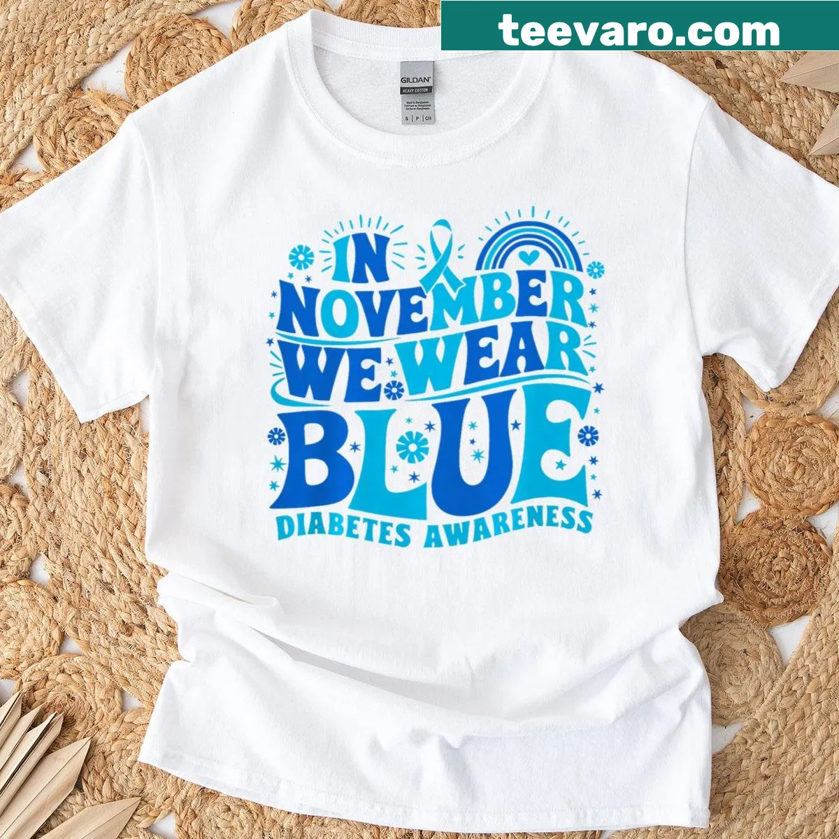 Diabetes awareness t-shirt with blue ribbon graphic for support. — on a men's t-shirt
