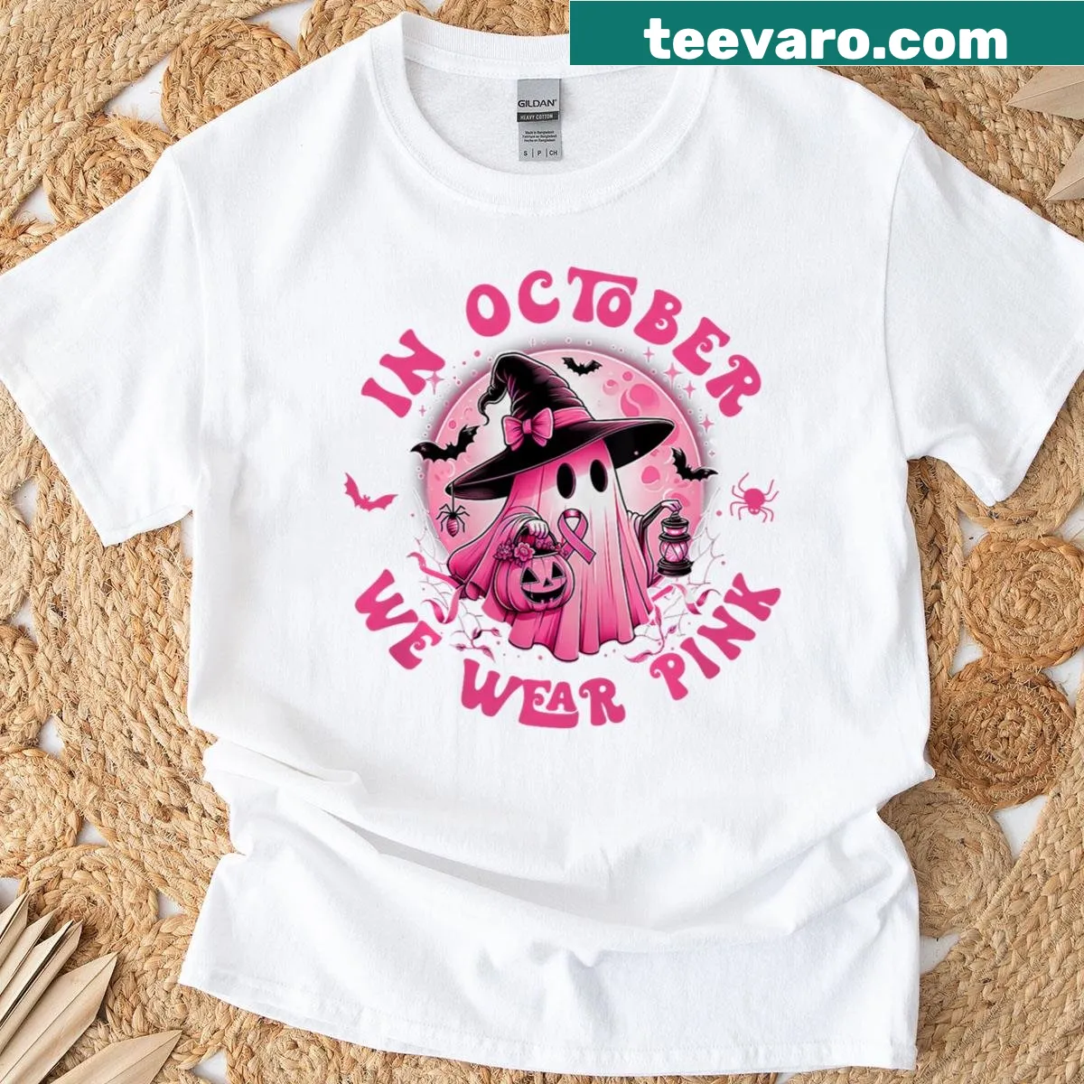 Ghost wearing a witch hat with the phrase about October and pink — on a men's t-shirt