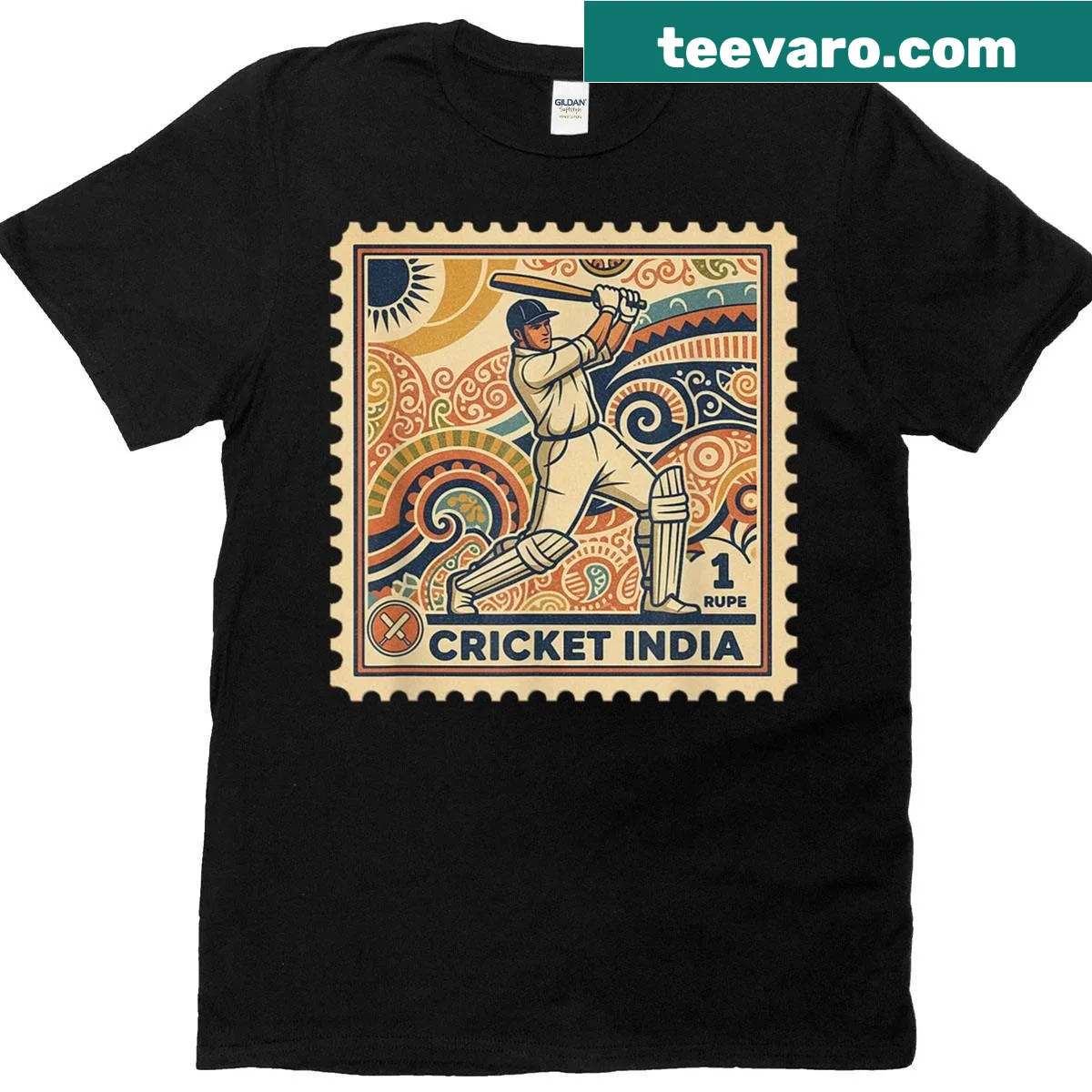 Vintage cricket T-shirt with rupee stamp and paisley art — on a men's t-shirt