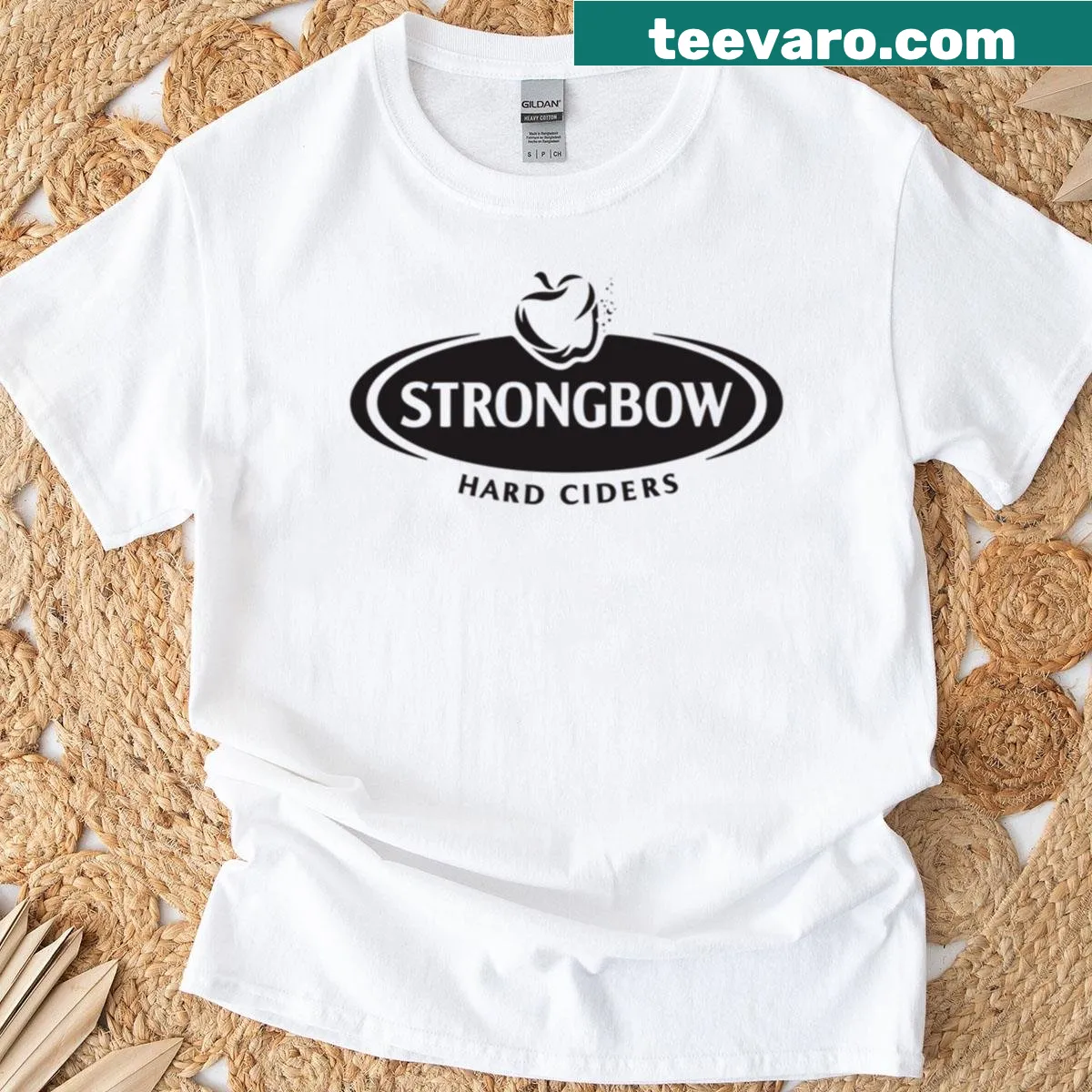 T-shirt depicting Strongbow Dark Fruit with a cityscape illustration — on a men's t-shirt