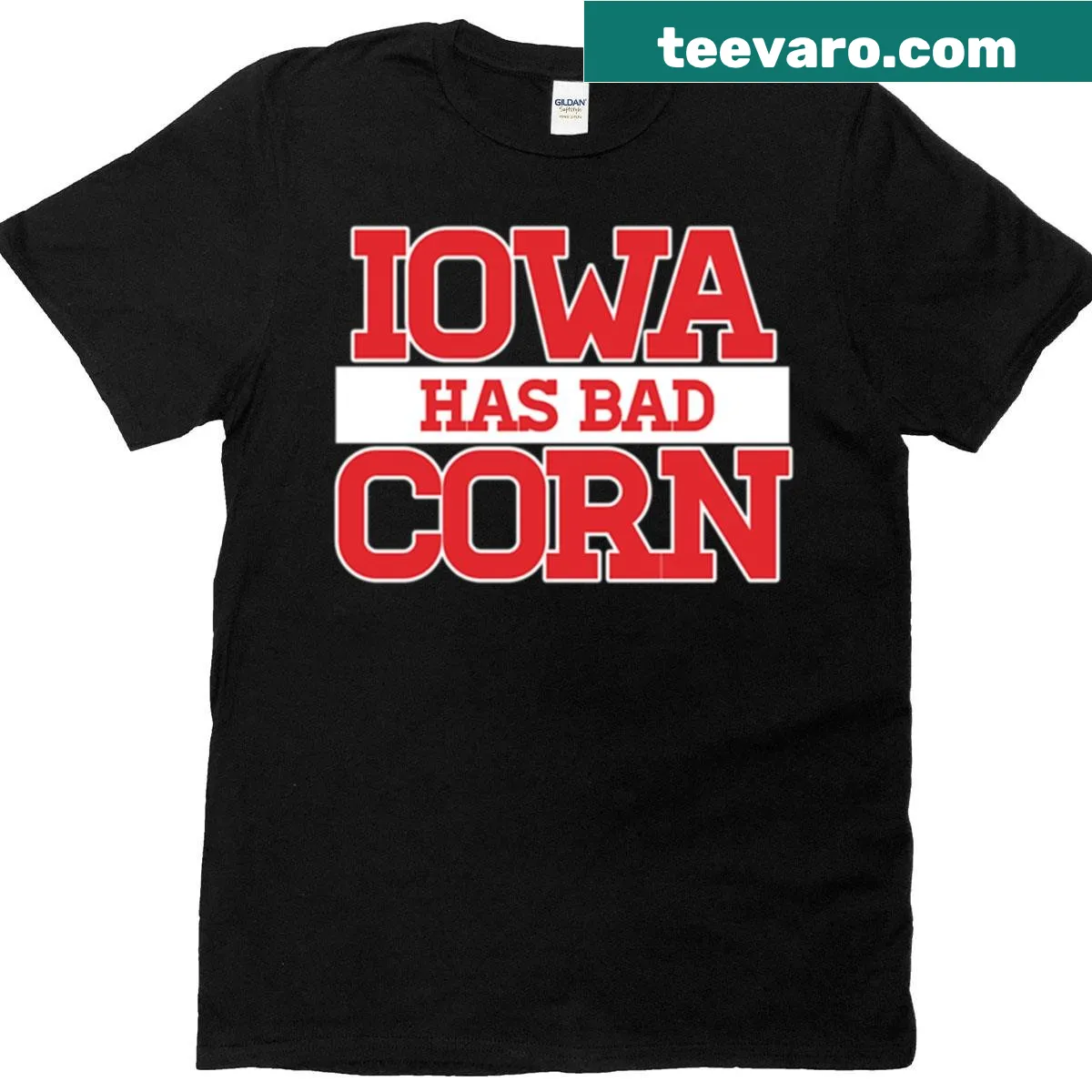 Oversized t-shirt with the phrase 'Iowa Has Bad Corn' in playful lettering — on a men's t-shirt