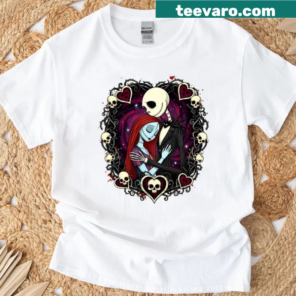 Oversized t-shirt featuring Jack and Sally silhouettes in a whimsical design