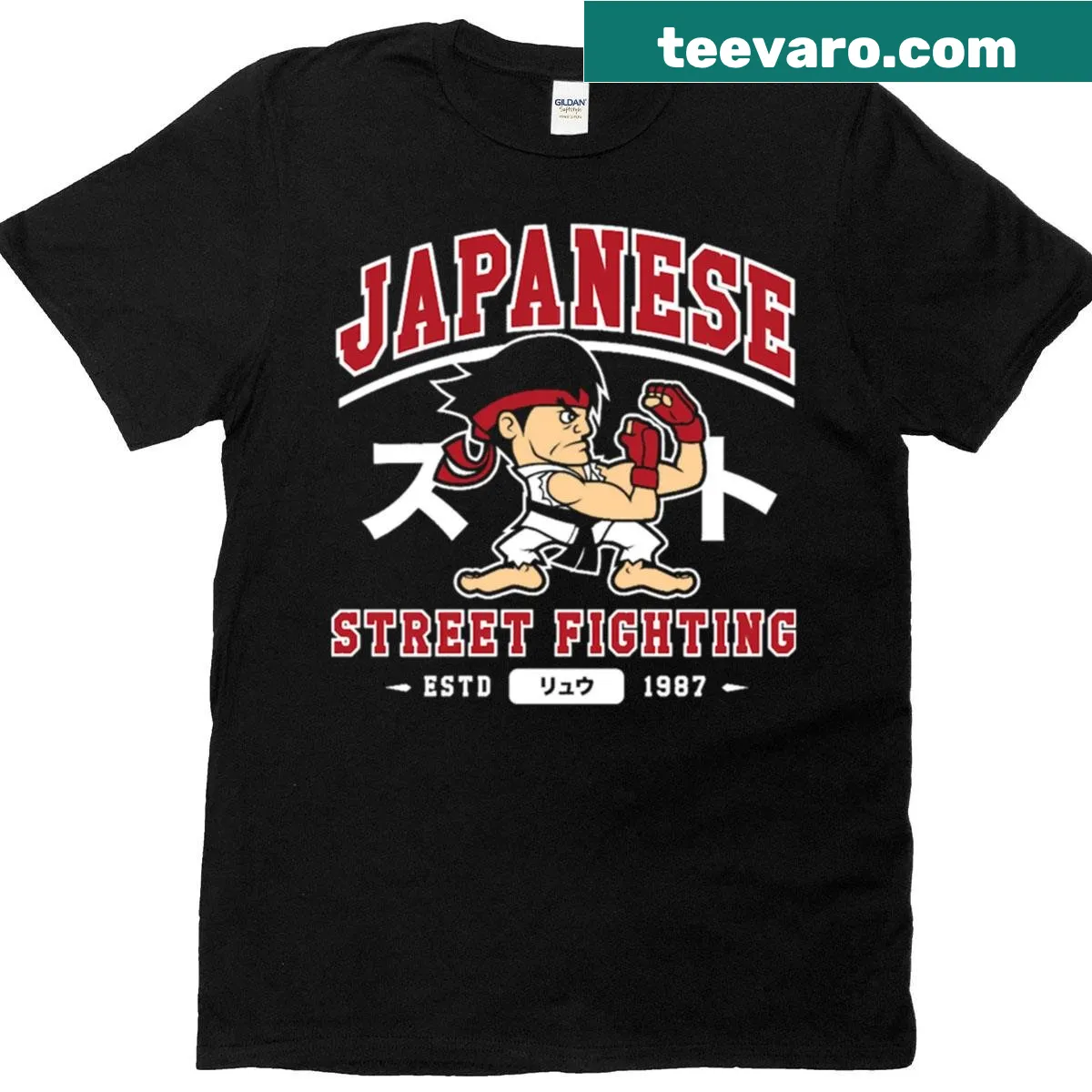 Retro video game-inspired T-shirt featuring Japanese street fighting graphics — on a men's t-shirt