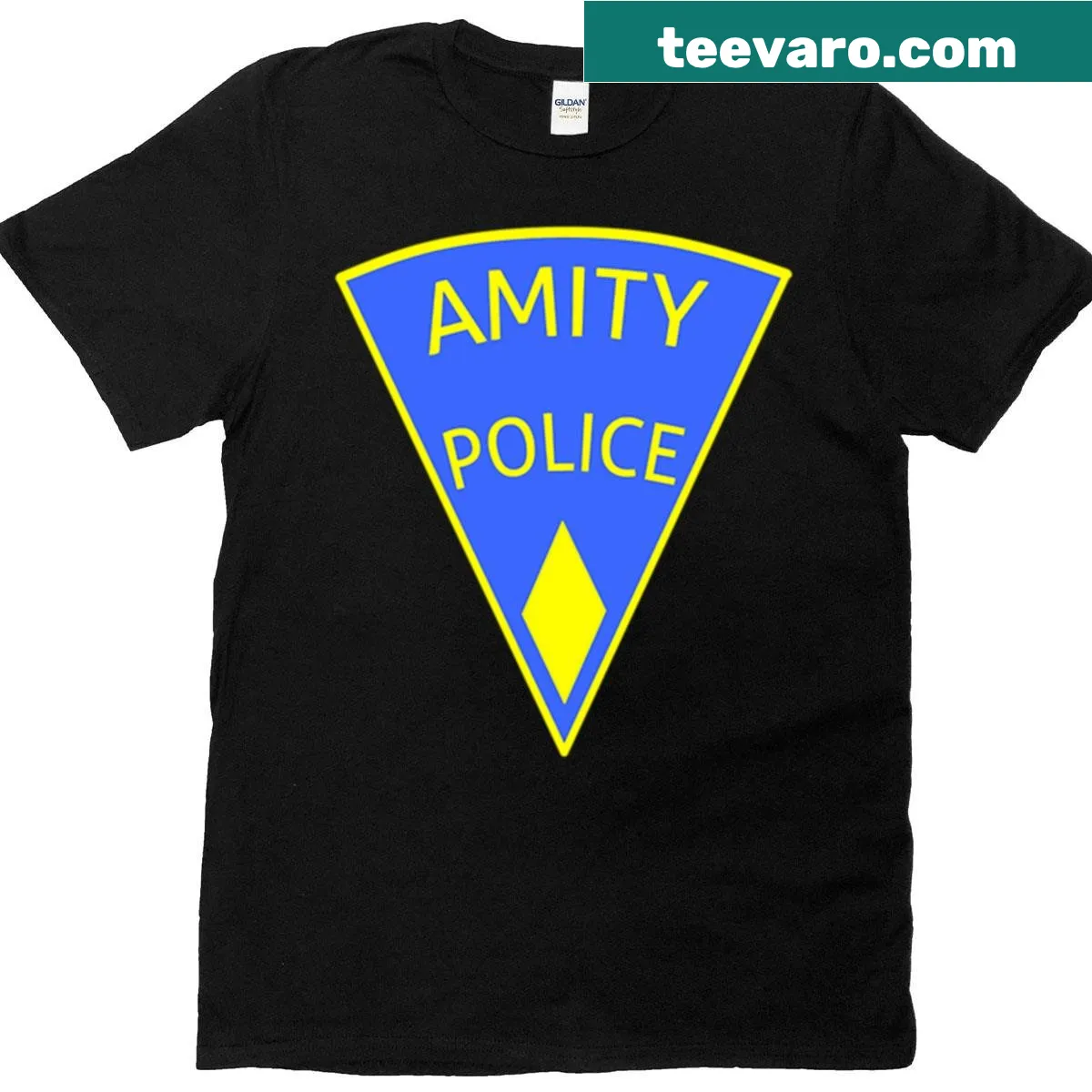 T-shirt featuring the Amity Police patch design from Jaws — on a men's t-shirt