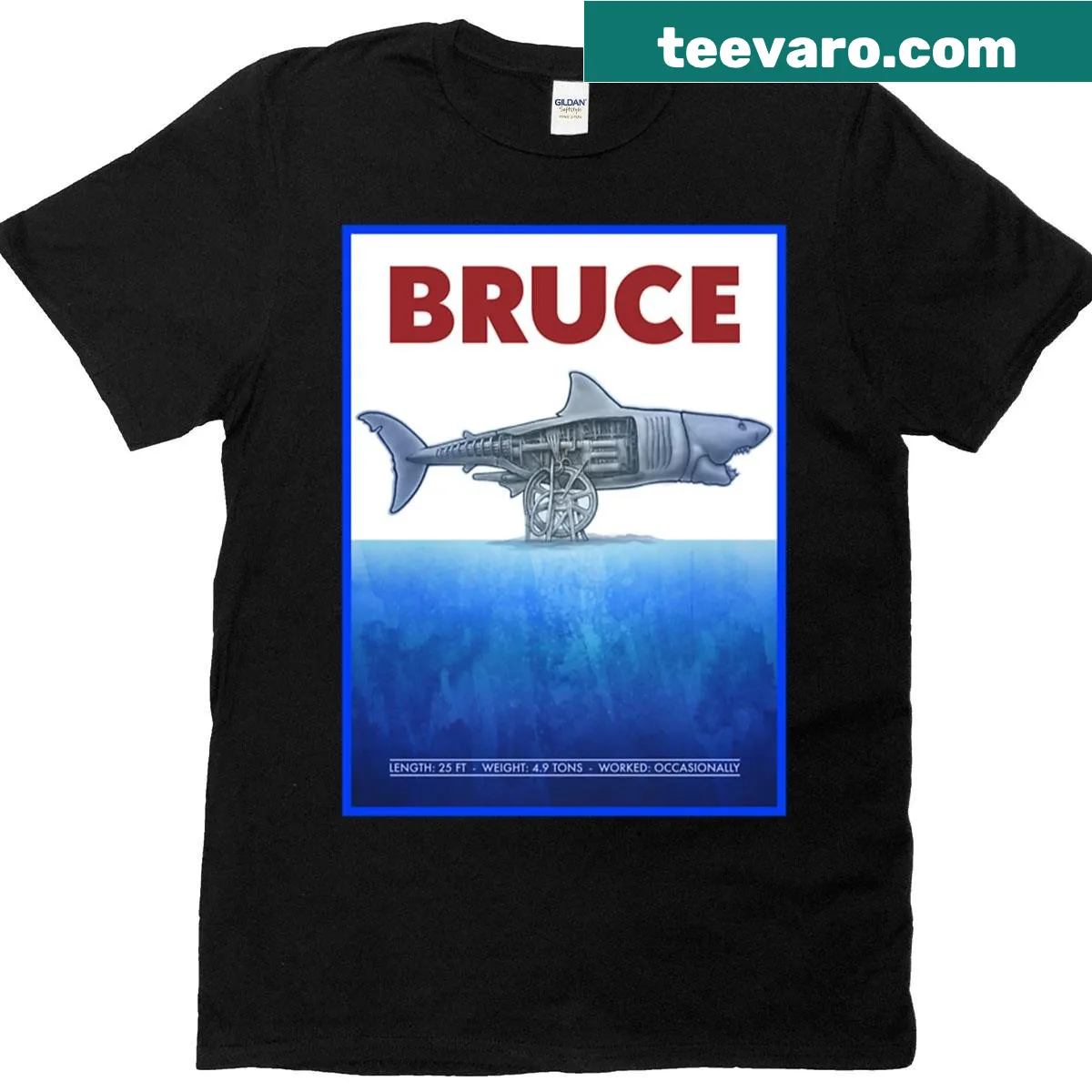 Cartoon graphic of Bruce the Shark from Jaws on a T-shirt — on a men's t-shirt
