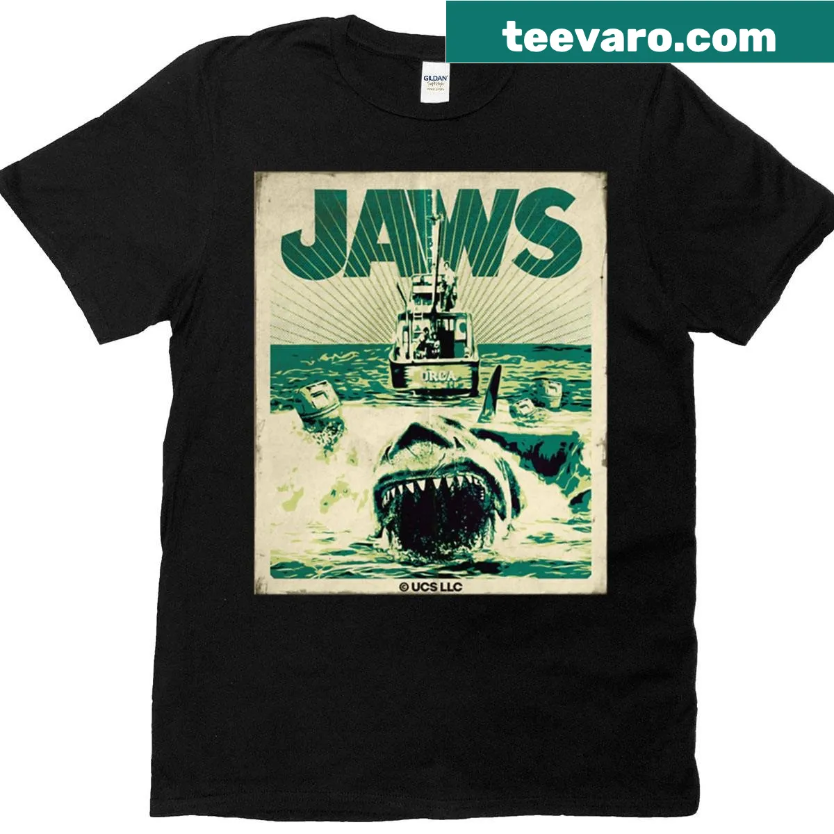 Vintage-style graphic of Jaws movie on T-shirt — on a men's t-shirt