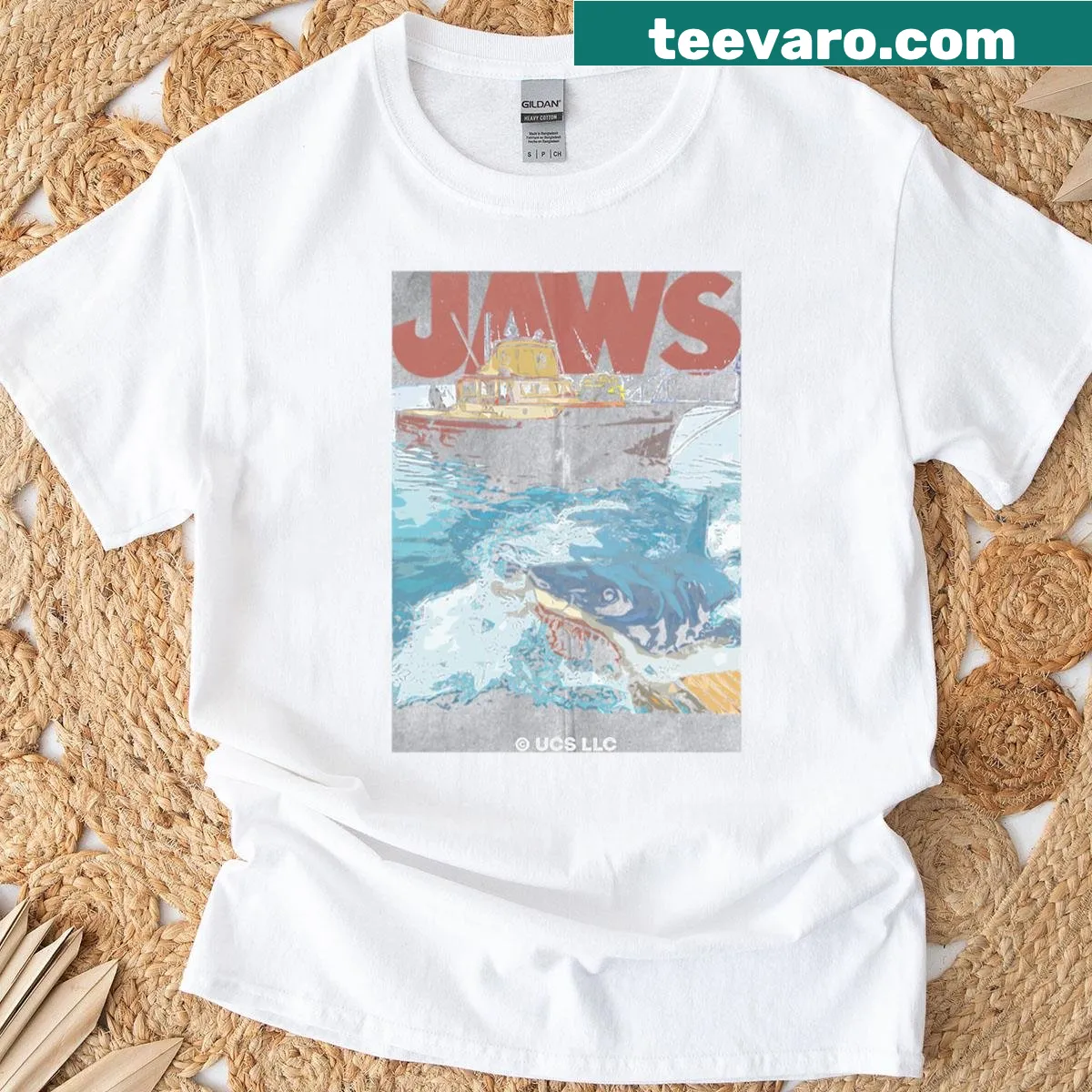 Classic movie poster design inspired by Jaws — on a men's t-shirt