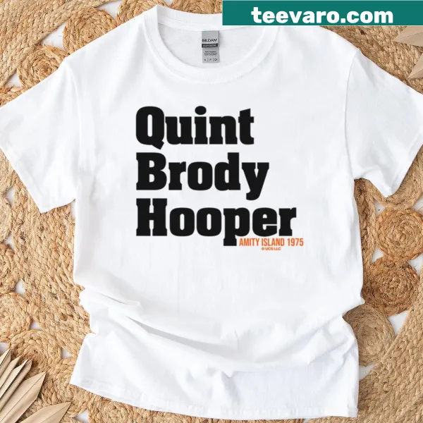 Illustrated Jaws movie characters Quint, Brody, and Hooper on a birthday shirt