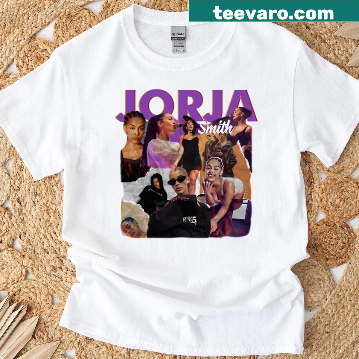 Grunge-style collage t-shirt featuring Jorja Smith — on a men's t-shirt