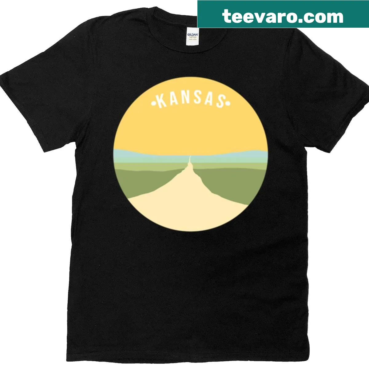 T-shirt depicting a serene Kansas landscape with rolling plains. — on a men's t-shirt