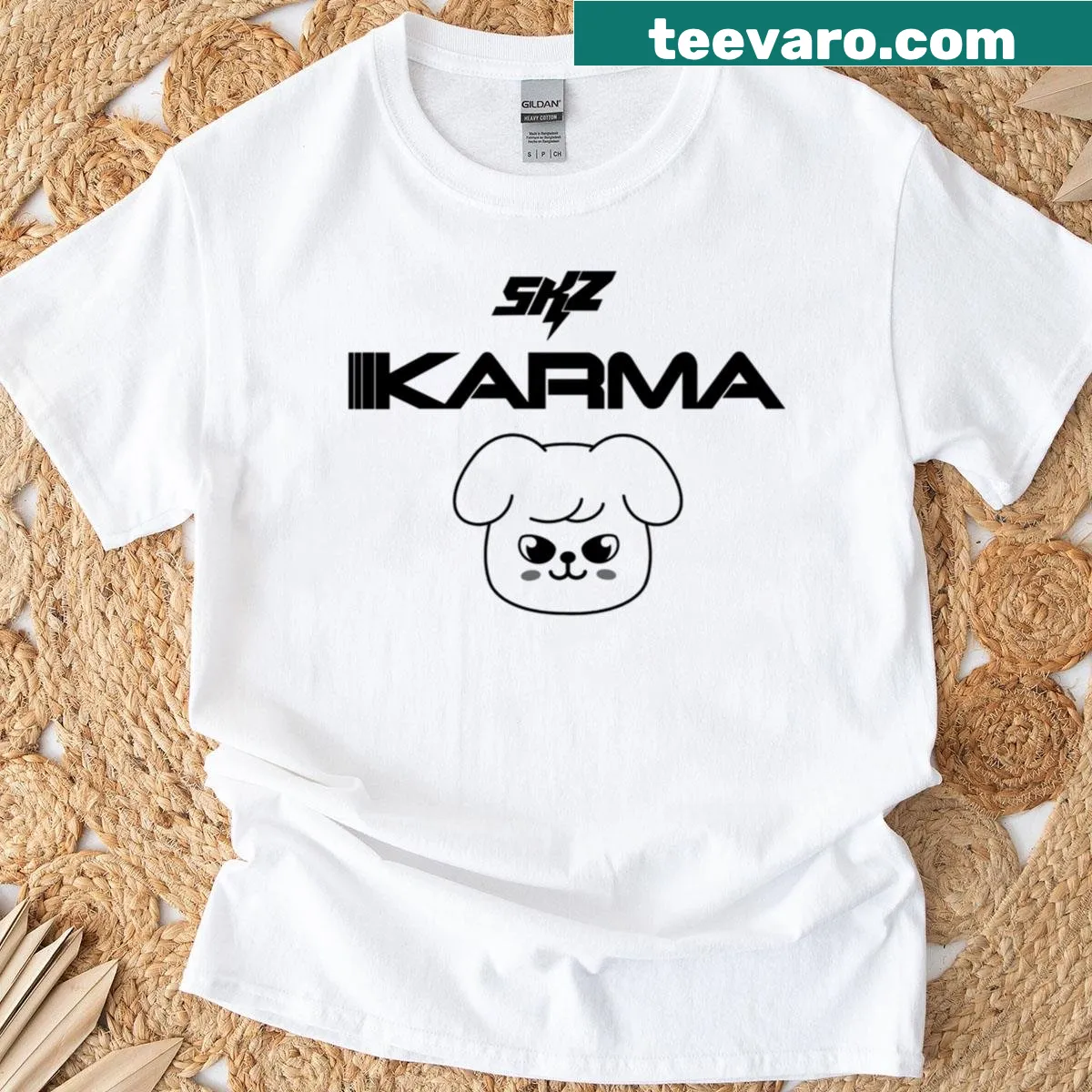 Black print of SKZOO character Puppim on T-shirt — on a men's t-shirt